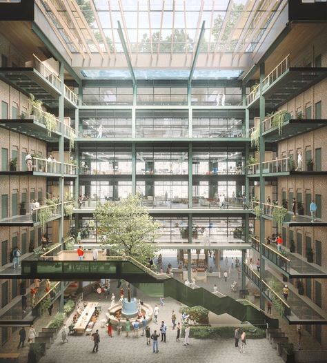 Section through the internal atrium of #rootsinthesky showing the internal street, wellness staircase, lift balconies, atrium roof and glass bottom swimming pool High Rise Apartment Balcony, Atrium Section, Pool Atrium, Atrium Staircase, Library Atrium, Atrium Entrance, Atrium Roof, Atrium Building, Office Atrium