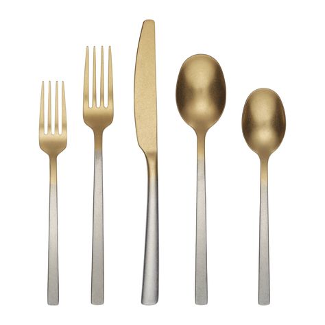 Beacon Rumble Gold Ombre 20-Piece Flatware Set - Bed Bath & Beyond - 38405784 Dinner Soup, Modern Flatware, Plates And Bowls Set, Gold Flatware, Soup Dinner, Stainless Steel Dishwasher, Dinner Fork, Dining Table Top, Gold Satin