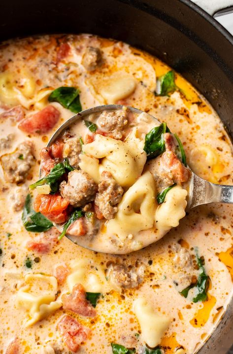 Incredibly comforting, this hearty creamy tortellini soup with sausage is a favorite in the winter and has minimal prep time and uses pantry staples! Hot Sausage Tortellini Soup, Souper Sunday, Soup With Cream Cheese, Italian Sausage Tortellini Soup, Cheese Tortellini Soup, Salad Appetizer Cups, Creamy Tortellini Soup, Salt Lavender, Sausage Tortellini Soup