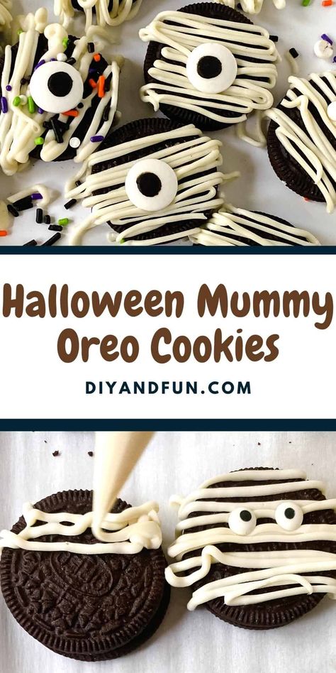 How to make Mummy Oreo Cookies, a simple and fun way to dress up a favorite cookie. Sugar free alternative included. Oreo Mummy Cookies, Oreo Halloween Cookies, Halloween Oreo Cookies, Halloween Mummy Cookies, Decorated Oreos, Halloween Eats, Mummy Cookies, Cookies Best, Halloween Costumes Teenage Girl