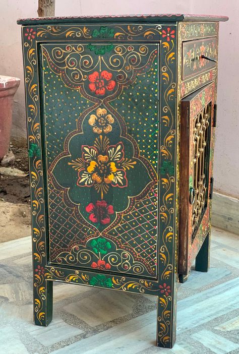 Embossed Painted Cupboard/wooden Hand Carved Cabinet/metal Jali Work//single Drawer Table Decor/small Floral Bedside Almirah/indian Decor - Etsy Metal Jali, Jali Work, Carved Cabinet, Almirah Designs, Small Crafts, Drawer Table, Boho Furniture, Hieronymus Bosch, Diy Furniture Renovation