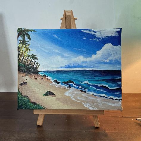 Beach 🌊🏝 Canvas painting with stand Canvas size : 6 x 5 inches Medium : Acrylic paints @kokuyo.camlin : canvas and acrylic paints Beach Paintings On Canvas, Sea Beach Painting, Sea Canvas Painting, Beach Canvas Painting, Aliens Art, Beach Canvas Paintings, Unique Drawings, Beach Canvas, Instagram Beach