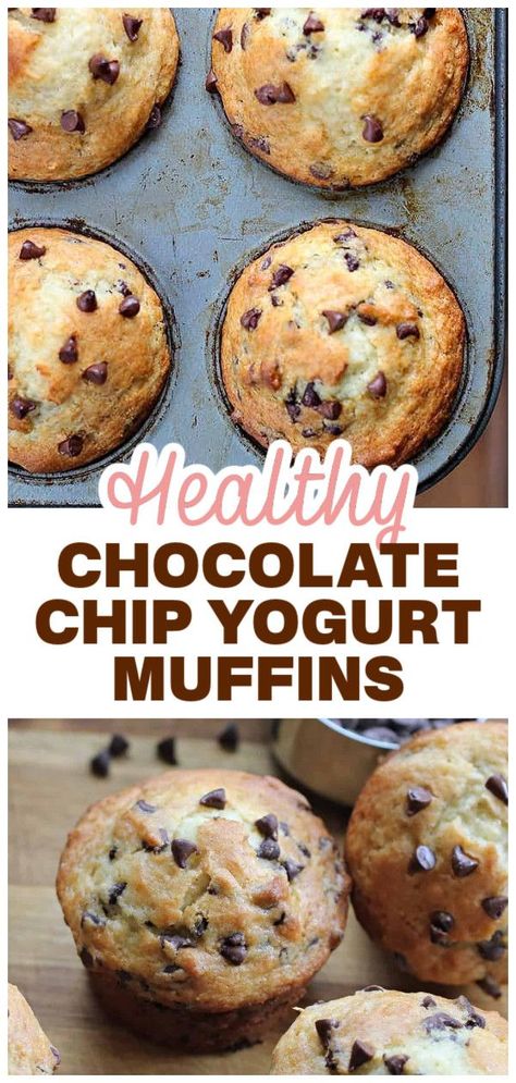 You'll totally love these Chocolate Chip Yogurt Muffins! Bakery style, warm, melt-in-your-mouth fun! Hearty, delicious muffins bursting with chocolate chips and made with Greek yogurt, because we love to use Greek yogurt! Perfect healthy picnic treat! Chocolate Chip Muffins With Yogurt, Greek Yogurt And Chocolate Chips, Healthy Yummy Muffins, Greek Yogurt Muffins Gluten Free, Recipes That Use Vanilla Yogurt, Protein Muffins Chocolate Chip, Healthy Dessert With Greek Yogurt, Breakfast Recipes With Greek Yogurt, Recipes That Use Plain Greek Yogurt