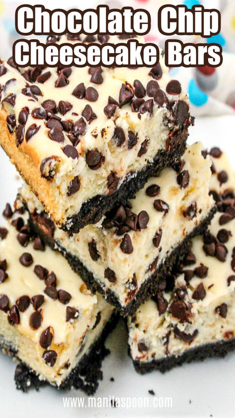 Cheesecake Chocolate Chip Bars, Choc Chip Cheesecake Bars, Chocolate Chip Cheesecake Bars Easy, Oreo Chocolate Chip Cheesecake Bars, Chocolate Chip Cheesecake Bites, Chocolate Chip Cheesecake Cake, Easy Cheesecake Bars No Bake, Chocolate Chip Cheesecake Recipes Easy, Mini Chocolate Chip Cheesecakes