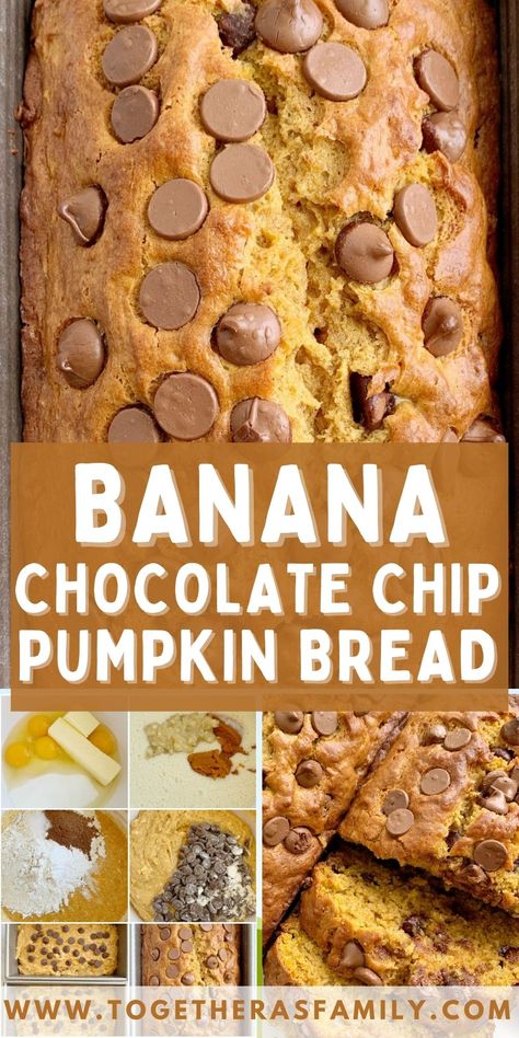 Pumpkin Banana Cookies, Pumpkin Bread With Chocolate Chips, Pumpkin Banana Bread Recipe, Pumpkin Cobbler, Pumpkin Banana Bread, Recipe For Fall, Baking Skills, Quick Bread Recipe, Chocolate Chip Bread