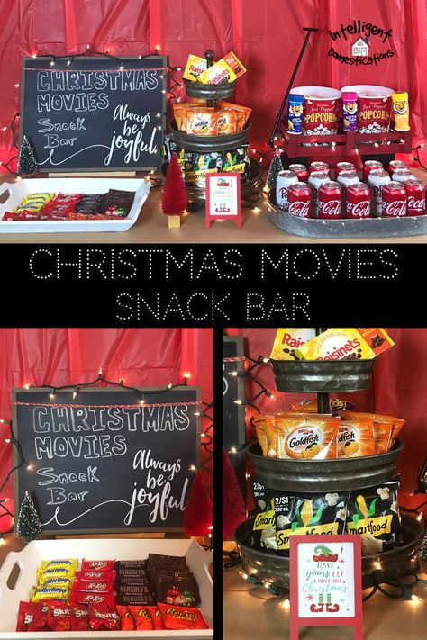 Movie Night Snack Bar Ideas. Create a fun and festive Christmas Movie Night Snack Bar at home for the holiday season. Ideas for decorations, using what you have and snacks to have on your snack bar. Plus my tip for where to hide the snack refills so no one will find them. #christmasideas #movienight #festivechristmas Movie Night Snack Bar, Movie Snacks At Home, Snack Bar Ideas Home, Movie Snack Bar, Family Christmas Movie Night, Snack Bar Ideas, Coco Bar, Birthday Movie, Christmas Party Snacks