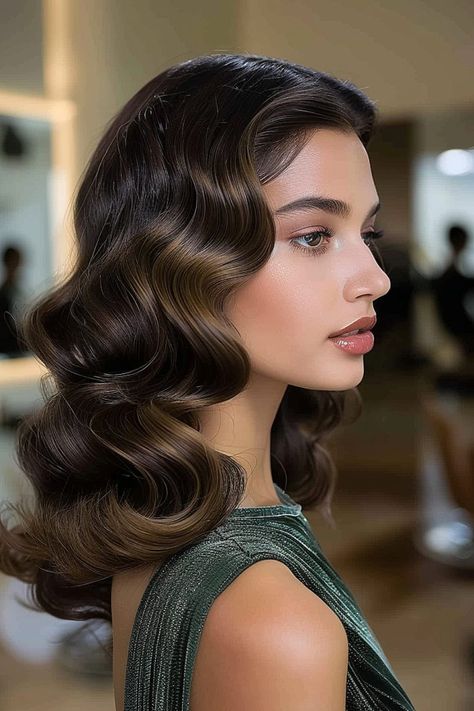 Long hair with sculpted waves and dimensional lowlights adding depth. Hair Waves Medium Length, Chic Wedding Hair Down, Bridal Hair Styles Medium Length, Hairstyles For Different Dresses, Glam Curls Short Hair, Old Hollywood Glam Curls, Medium Length Hollywood Curls, Finger Wave Wedding Hair, Medium Waves Hair