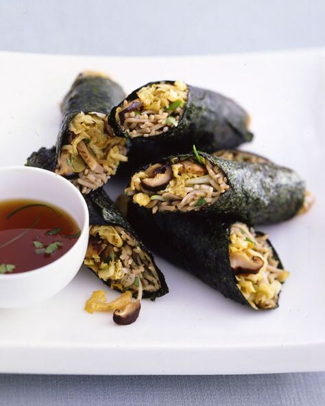 Shiitake Nori Rolls - Martha Stewart Recipes Cooked Sushi Rolls, Nori Rolls, Nori Sheets, Dried Seaweed, Vegan Appetizers Recipes, Asian Vegetarian Recipes, Shredded Cabbage, Shiitake Mushrooms, Soba Noodles