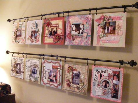 hmmm...like the idea of displaying my pages for a while before hiding them away in an album... Wedding Picture Walls, Picture Display Wall, Scrapbooking Room, Scrapbook Studio, Cards Display, Hang Pictures, Scrapbook Storage, Scrapbook Organization, Dream Craft Room