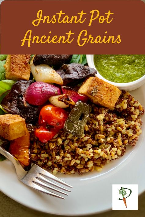 This hearty, delicious, and healthful Instant Pot Ancient Grains recipe is adapted from True Food Kitchen Ancient Grains recipe, which is cooked in the oven. These are the grains in the Ancient Grains Bowl served at TFK. This recipe might turn you into a vegan zombie—hungry for grains.  #vegan #plantbased #grains #instantpot #veganinstantpot #turmeric #quinoa #redquinoa #farro #speltfarro #truefoodkitchen #truefoodkitchenrecipe #easyvegan #healthyvegan #dairyfree #wholefoods #whatveganseat #easy Ancient Grains Bowl, Ancient Grain Bread Recipe, True Food Kitchen Recipes, Turmeric Quinoa, Ancient Grains Recipes, Ancient Food, Grains Recipes, Grain Bowl Recipe, Vegan Feast