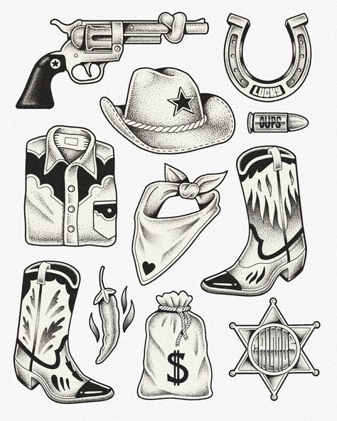 Boot Spur Tattoo, Western Shin Tattoo, Traditional Cowboy Hat Tattoo, Country Patchwork Tattoo, Western Filler Tattoo, American Traditional Western Tattoo, Cowboy Flash, Cowboy Tattoos For Men, Western Traditional Tattoo