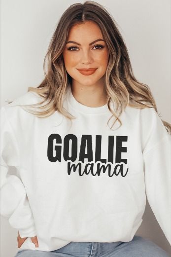 This "Goalie Mama" sweatshirt is perfect for moms who love to be on the sidelines cheering on their kids on game day! Soccer moms, Hockey moms, you name it--you've got this. Simple Svg, Baseball Mom Svg, Hockey Sweatshirts, Baseball Sweatshirts, Mom Printable, Mom Hoodies, Hockey Mom, Create Shirts, Mama Sweatshirt