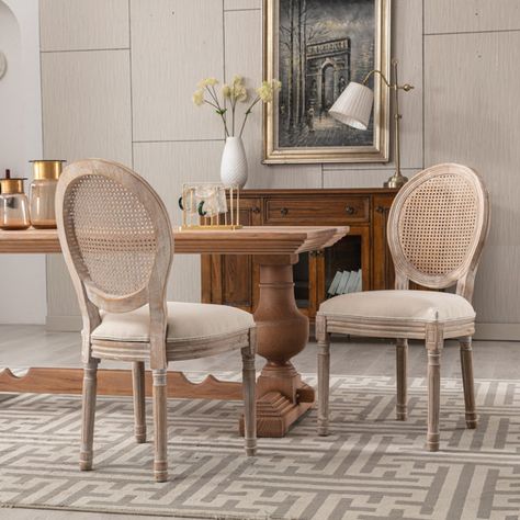 Ophelia & Co. Schueler in Beige | Wayfair French Dining Chairs, Rustic Wood Frame, Fabric Dining Chairs, Upholstered Fabric, Dining Room Bar, Kitchen & Dining Chairs, Side Chairs Dining, Upholstered Dining Chairs, Wood Chair