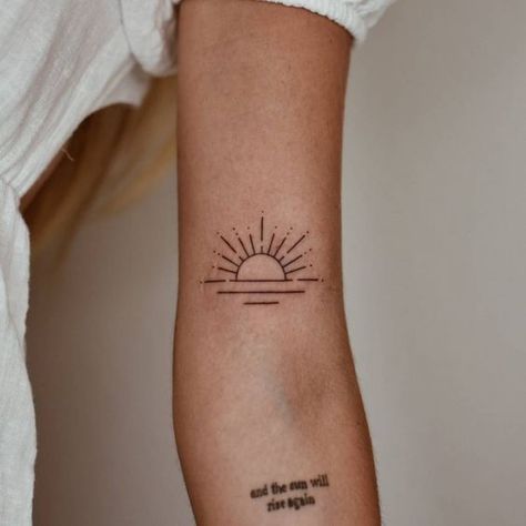 Beach Soul Tattoo, Minimalist Bicep Tattoos For Women, Sea Art Tattoo, Sunrise Tattoo Inner Arm, Boho Sunrise Tattoo, Sunrise Elbow Tattoo, Sun And Waves Tattoo Simple, Sunset Tattoos Minimalist, Rising Above Tattoo