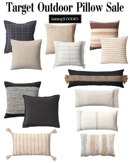 Outdoor Blankets And Pillows, Neutral Outdoor Pillows, Outdoor Couch Pillows, Outdoor Pillow Combinations, Outdoor Pillows Ideas Color Schemes, Porch Pillows Outdoor, Outdoor Patio Pillows, Patio Pillows Outdoor, Cabin Patio