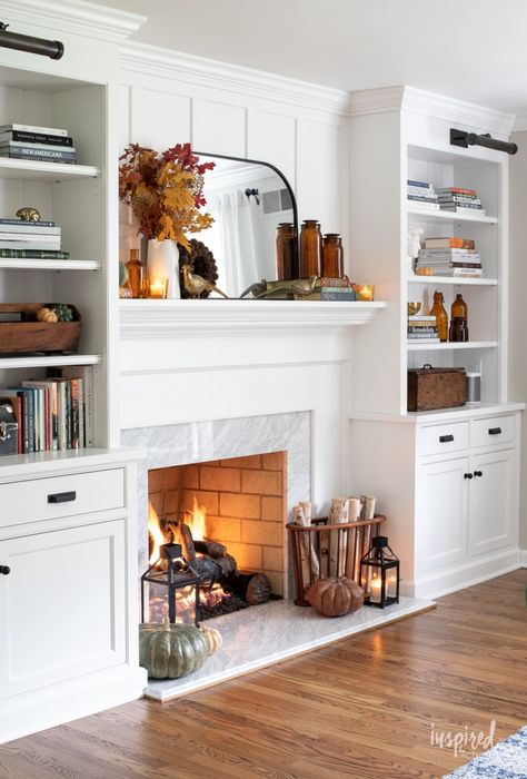 Soffit Ideas Living Room, Fireplace Bookshelf Decorating Ideas, Decorating Living Room Built Ins, Fireplace Mantle With Bookshelves, Fireplace Built Ins Styling, Fireplace Ideas Shelves, Fireplace Flush With Wall Shelves, Fireplace Mantle And Shelves, Fireplace Mantle And Built Ins