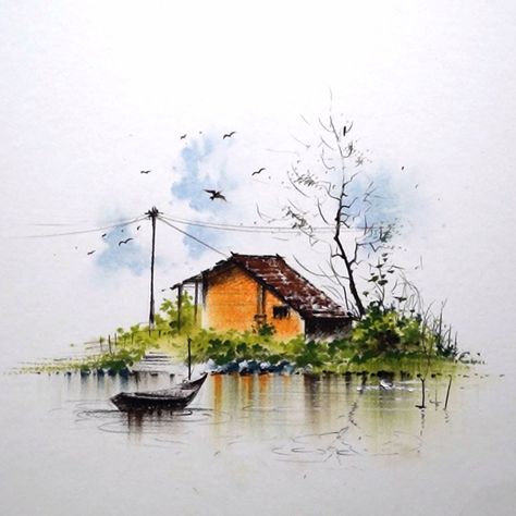 Watercolour Scenery, House Near River, Village Scenery Drawing, Watercolor Scenery Painting, Easy Scenery, Theatrical Scenery, Oil Pastel Landscape, Village Scenery, Jogging Leggings