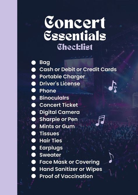 Essential Checklist Concert Planner Canva Template Concert Needs List, Music Festival Checklist, Concert Tips Survival Guide, Eras Tour Bag Essentials, What To Bring To A Concert List, Kpop Concert Checklist, Eras Tour Surprise Songs Tracker, Concert Must Haves List, Things To Bring To A Concert