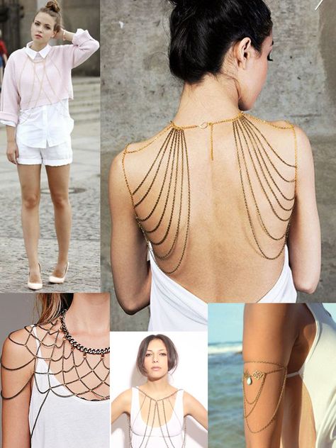 how-to-wear-body-chains Shoulder Chain Jewelry, Jóias Body Chains, Body Necklace Chain, Shoulder Jewelry, Fashion Rules, Gold Body Chain, By Any Means Necessary, Body Chains, Gold Bodies