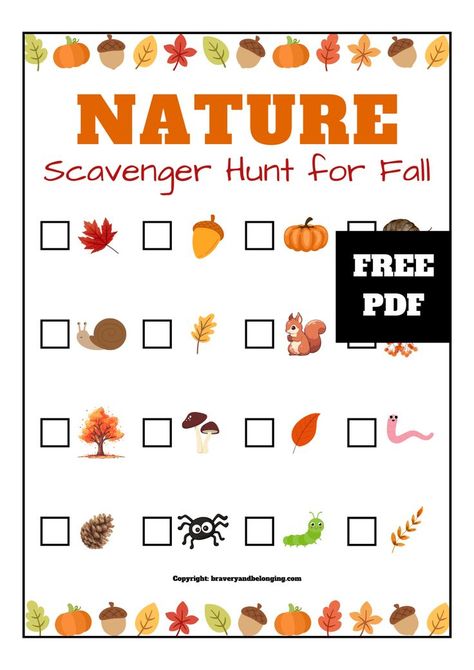 Pin has a Fall Nature Scavenger Hunt Ideas for Kids on it and a little note stuck to the side saying, free pdf. Preschool Fall Scavenger Hunt Printable, Toddler Fall Scavenger Hunt, Autumn Scavenger Hunt Printable, Fall Outdoor Toddler Activities, Fall Scavenger Hunt Preschool, Fall Outdoor Scavenger Hunt For Kids, Kindergarten Scavenger Hunt, Toddler Fall Activities, Fall Scavenger Hunt For Kids