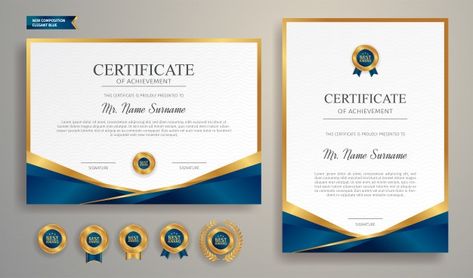 Blue and gold certificate with badge and... | Premium Vector #Freepik #vector #gold #certificate #school #border Certificate Design Inspiration, Certificate Of Recognition Template, Certificate Of Recognition, Diploma Design, A4 Template, Certificate Of Achievement Template, Award Template, Free Psd Flyer Templates, Border Templates