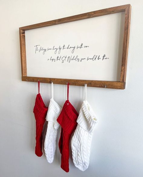 And The Stockings Were Hung, Christmas Stockings On Wall, Ways To Hang Stockings Without Fireplace, Where To Hang Christmas Stockings Ideas, Stocking On Wall Ideas, Wall Stocking Holder, Christmas Stockings No Fireplace, Stockings Were Hung Sign Diy, Stocking Placement No Fireplace