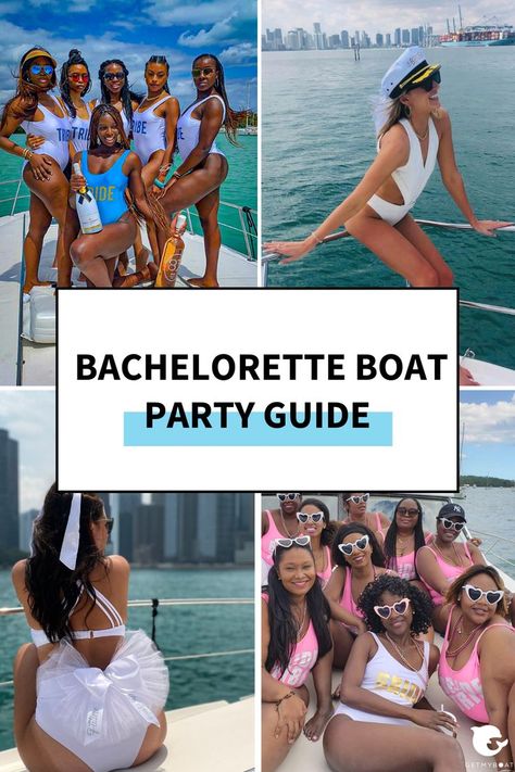 No bachelorette party is complete without a boat rental! Check out our guide for everything you need to know when planning a bachelorette boat party! Bachelorette Yacht Party Ideas, Yacht Party Bachelorette, Bridal Shower On A Boat, Bachelorette Booze Cruise, Below Deck Bachelorette Party, Yacht Bridal Shower Ideas, Bachelorette Party Games On A Boat, Bachelorette Party Themes Boat, Bachelorette Boat Party Decor