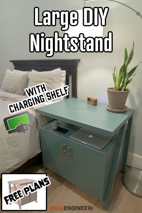 Large Nightstand with Charging Shelf » Rogue Engineer Diy Nightstand With Charging Station, Diy Nightstand Ideas, Diy Nightstands, Diy Nightstand Plans, Charging Shelf, Diy Night Stand, Large Nightstands, Nightstand Plans, Large Nightstand