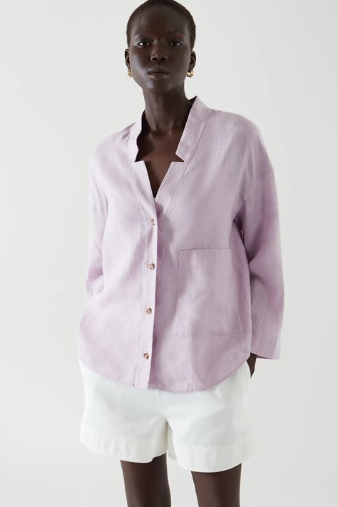 LINEN OPEN COLLAR SHIRT - Lilac - Shirts - COS ES Open Collar Shirt, Silk Blouses, Shirts And Blouses, Denim Shirts, Denim Blouse, Collared Coat, Women Shirts Blouse, Shirts Blouses, Collar Shirt