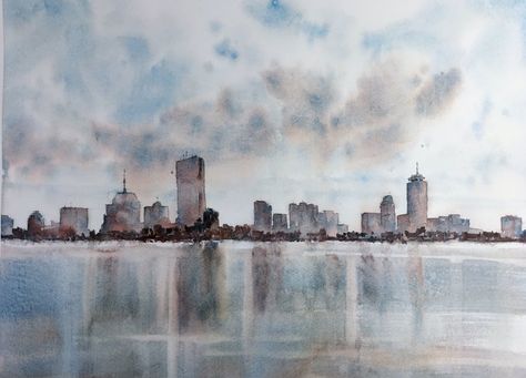 Boston skyline.  Michele Clamp.  Watercolor.  11”x14” Boston Skyline Drawing, Boston Skyline Painting, Boston Watercolor, Boston Painting, Door Paintings, England Watercolor, Clamp Art, Watercolor Cityscape, Watercolor Practice