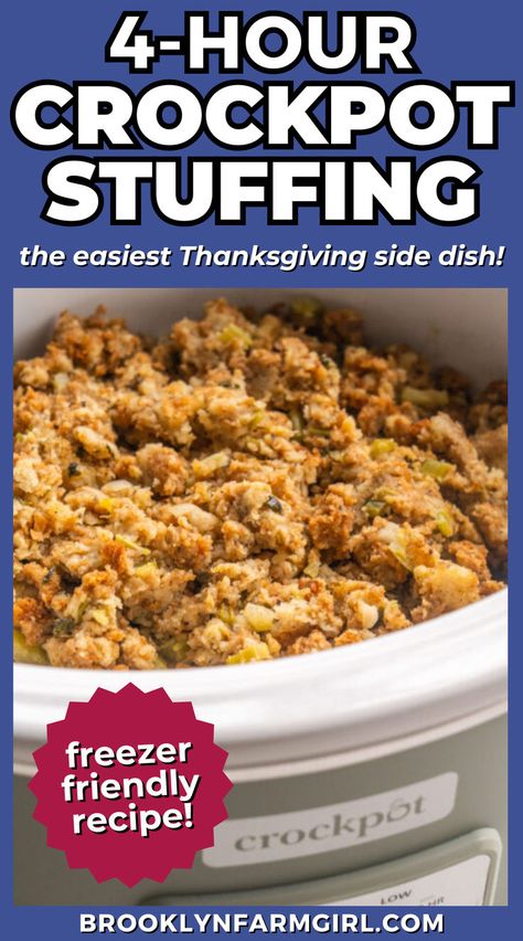 a crockpot with cooked stuffing inside Stuffing In Crockpot Thanksgiving, Homemade Stuffing Crockpot, Easy Stuffing Crockpot, Thanksgiving Dressing Crockpot, Box Stuffing In Crockpot, Easy Crock Pot Stuffing, Thanksgiving Crockpot Stuffing, Dressing In A Crockpot, Best Crockpot Stuffing Thanksgiving