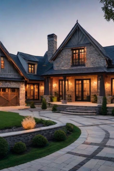 Luxury stone house with warm exterior lights and a well-manicured yard at dusk. Luxury Farm Style House, Rustic Bungalow Exterior, Stone Exterior Houses Modern, Modern Farmhouse Exterior Ideas, Cozy Cottage Interiors English Country, Black Farmhouse Interior, Lodge House Exterior, Big Farmhouse Exterior, Black And Brown House Exterior