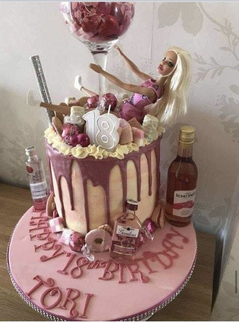 18th Birthday Cake Alcohol Bottles, 18th Birthday Cake Barbie, 18th Bday Cake For Girl, Pink Birthday Cake Ideas, 18th Birthday Cake For Girls, Barbie Themed Cake, Barbie Torte, Alcohol Birthday Cake, Drunk Barbie Cake