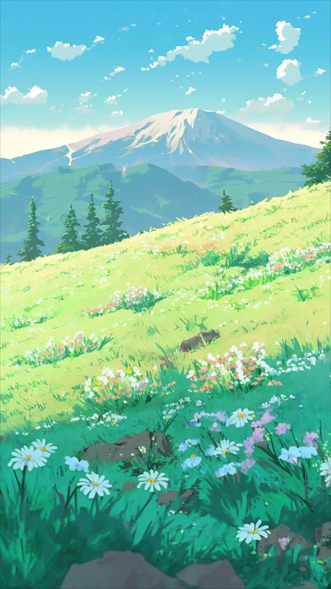 Anime Mountain Background, Ghibli Scenery Landscapes, Mountain Background Drawing, Grassland Drawing, Ghibli Landscape, Gacha Backgrounds Outside, Ghibli Background, Country Backgrounds, 2k Wallpaper