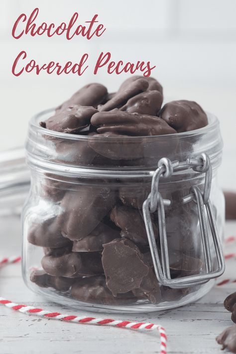 An amazingly simple recipe for chocolate covered pecans uses just 4 ingredients. They make the perfect from-the-heart gifts for any occasion or no occasion at all! Chocolate Melts Ideas, Chocolate Pecans Recipe, Chocolate Covered Pecans Recipe, Pecan Candies, Covered Pecans, Tv Snacks, Chocolate Covered Pecans, Chocolate Pecans, Fruit Treats