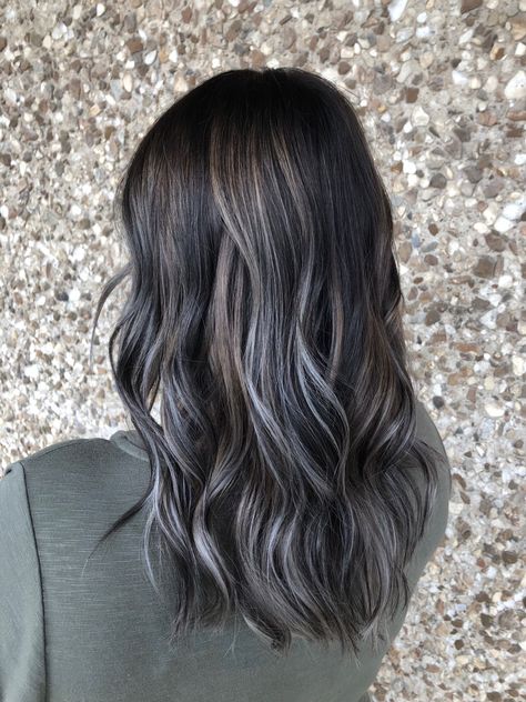 Smoky Hair Color Grey, Odd Hair Colors, Black Ashy Hair, Ashy Dimensional Brunette, Silver Balayage On Dark Hair, Dark Hair With Ashy Highlights, Ashy Balayage On Black Hair, Dark Ashy Brown Hair, Smokey Ash Brown Balayage Dark