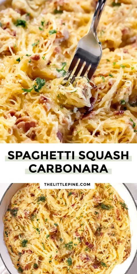 *NEW* Take the carb out of carbonara with virtuous shredded “noodles”, this spaghetti squash carbonara is rich and smoky comfort-in-a-bowl. #spaghettisquashcarbonara #lowcarbspaghettisquashcarbonara #ketodinners #lowcarbdinners Speghitt Squash Recipes Keto, Modified Keto, Autumn Bates, Keto Spaghetti Squash, Spaghetti Squash Carbonara, Squash Carbonara, Keto Spaghetti, Healthy Squash Recipes, Spaghetti Squash Recipes Healthy