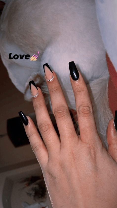 Black Tip Nails With Diamonds, Black Acrylic Rhinestone Nails, Black Nails With Gems Short, Gems On French Tips, Black French Tip With Jewels, Black Nails Sparkle Tips, Black Accent Acrylic Nails, Cute Nails To Go With A Black Dress, Nail Gems Simple