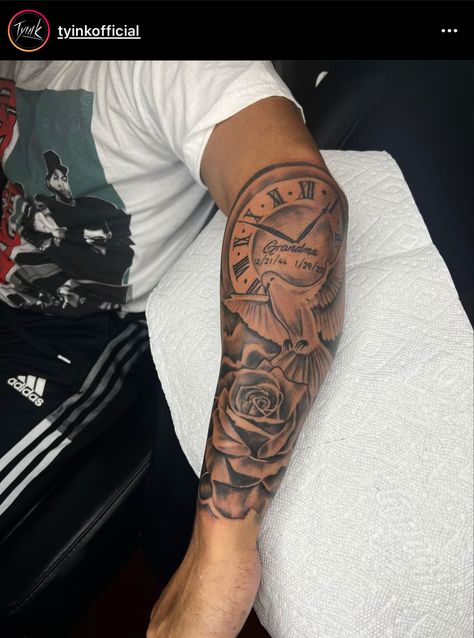 Men’s Tattoo Half Sleeve, Forarm Tattoos Mens Small, Forearm Tattoo Men Sleeve God, Men Tattoo Ideas Family, Rip Tattoo Ideas For Men Forearm, Forearm Sleeves For Men, Tattoo Ideas For Men Clock, 23rd Psalm Tattoo, Male Forearm Tattoo Ideas Half Sleeves