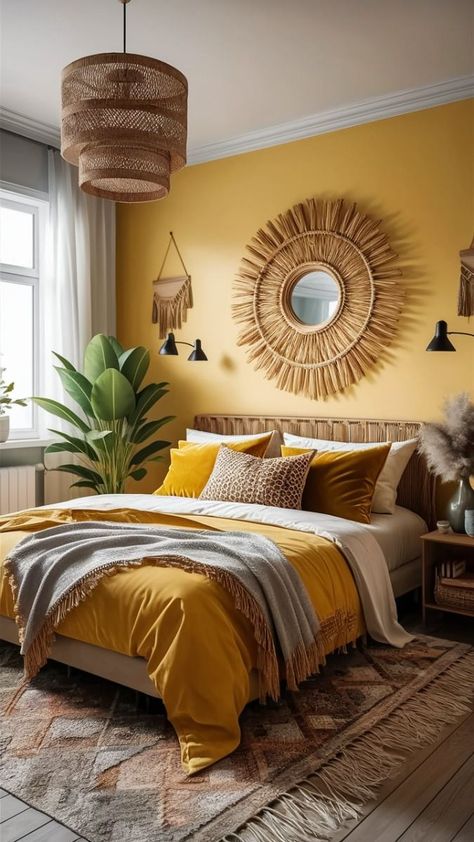 Master Bedrooms Decor Yellow, Dark Yellow Accent Wall, House Design Themes, Dorm Room Color Ideas, Gold Walls Bedroom, Yellow Comforter Bedroom Ideas, Guesthouse Ideas Interiors, Yellow Master Bedrooms Decor, Light Yellow Bedroom Walls