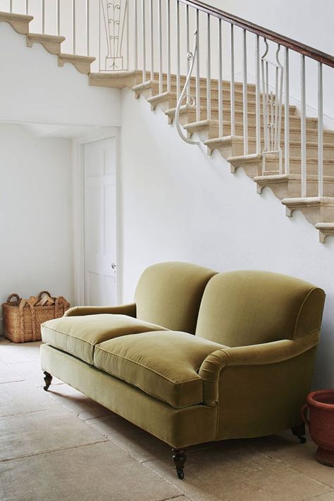 a statement olive green velvet sofa in an open-plan living room Olive Green Velvet Sofa, Velvet Sofa Living Room, English Roll Arm Sofa, Olive Sofa, Hampton Sofa, English Living Room, Olive Green Velvet, Loveseat Living Room, Velvet Loveseat