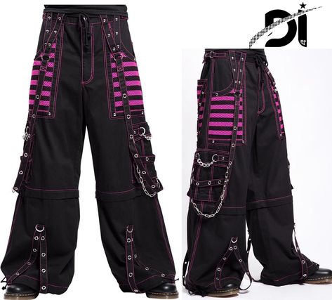 Unisex Gothic Hot pink Threads & Mesh Panel Pant Black Punk Buckle Zips Chain Strap Punk Trousers with understated Gothic Pants Trap Pants Goth, Black And Neon Outfit, Neon Punk Fashion, Punk Trousers, Emo Outfit Ideas, Gothic Pants, Black Punks, Lace Outfit, Emo Outfits