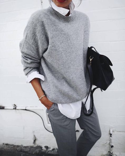 Pull cachemire gris + chemise blanche + pantalon droit : http://www.taaora.fr/blog/post/look-boyish-masculin-feminin-pull-basique-gris-chemise-blanche #outfit #look #boyish Gray Sweater, Grey Pants, A Woman, Grey, Pants, White, Black, Trousers