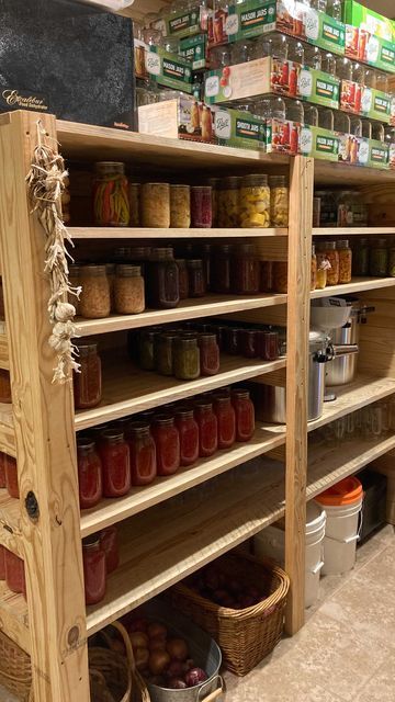 Canning Storage Room, Canning Shelves Diy Shelf Ideas, Canning Room Ideas, Canning Shed, Canning Shelves, Canning Room, Canning Pantry, Basement Pantry, Homestead Canning