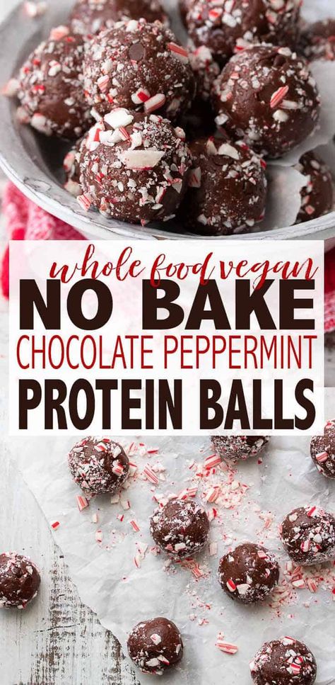 A festive vegan holiday treat made in only 5 minutes! These no bake chocolate peppermint balls even have a trick to keeping them whole food and healthy. #vegandessertrecipes #veganchristmas via @veggiesdontbite Healthy Christmas Protein Balls, Healthy Christmas Energy Balls, Peppermint Balls Christmas, Holiday Treats Healthy, Healthy Christmas Treats Clean Eating, No Sugar Christmas Treats, Protein Holiday Treats, Healthy Peppermint Recipes, Healthier Holiday Treats