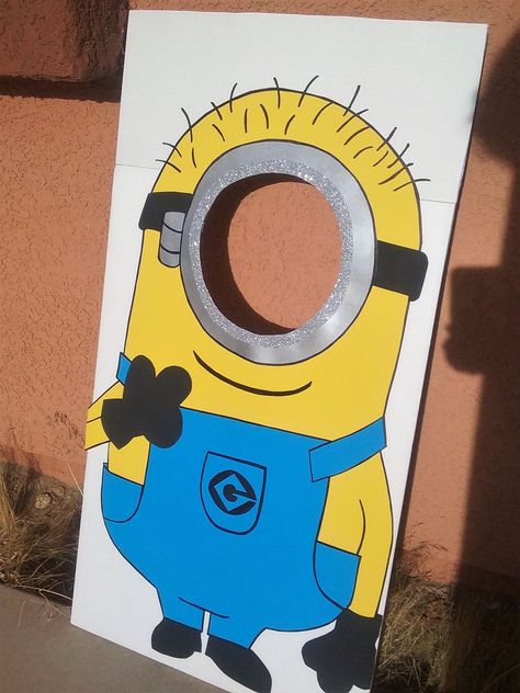 Large minion photo prop! sure to get priceless photos! Minion Party Theme Decorations, Minion Cardboard Cutout, Minion Decoration Ideas, Minion Football Theme, 2nd Birthday Minion Theme, Trunk Or Treat Minion Theme, Diy Minion Birthday Party Decor, Minions Decorations Party, Diy Minion Party Decorations