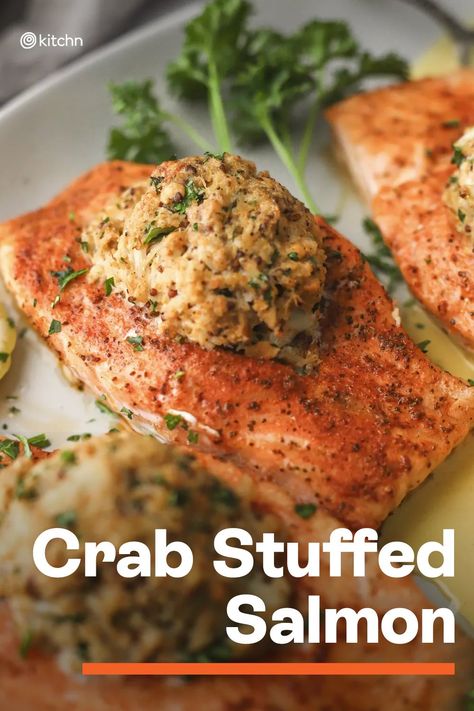 Salmon Recipes Stuffed, Seafood Stuffed Fish, Stuffed Salmon Recipes Baked Crab Meat, Lump Crab Dinner Recipes, Cedar Plank Crab Stuffed Salmon, Salmon With Seafood Stuffing, Crab Stuffed Red Snapper Recipes, Sams Club Stuffed Salmon Recipes, Stuff Salmon With Crab Meat And Shrimp