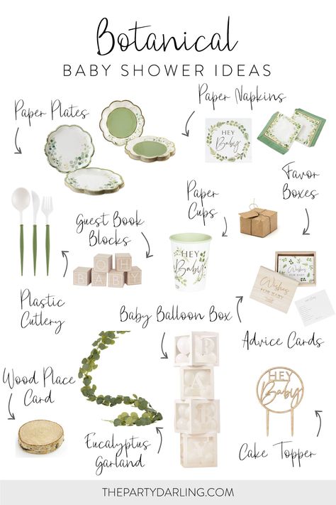 A collage of botanical baby shower party supplies and decorations. Featuring greenery and wooden details, our botanical party supplies work great for a gender-neutral baby shower. Olive Green Gender Reveal Ideas, Botanical Decorations Party, Plant Theme Gender Reveal, Botanical Party Decorations, Botanical Party Ideas, Neutral Baby Shower Table Setting, Natural Green Baby Shower Ideas, Safe Green Baby Shower Decor, Greenery Gender Reveal Party