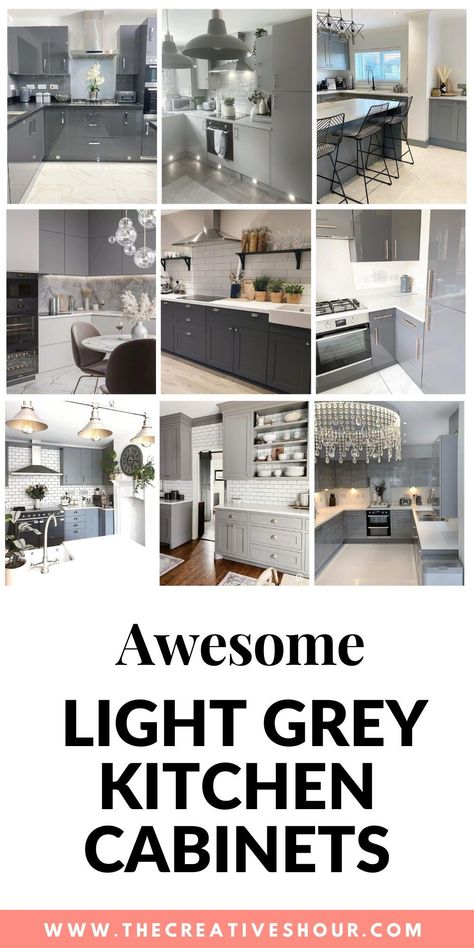 Whether you favor a modern aesthetic or the charm of a farmhouse kitchen, these cabinets add a touch of elegance to your space. Pair them with dark countertops for a striking contrast, or opt for light grey cabinets with gold handles or black pulls for a touch of sophistication. To complete the look, consider a light grey wall color or backsplash, or go for a dramatic effect with dark floors. Gray Cabinets And Black Countertops, Light Grey Kitchen Cabinets With Black Countertops, Charcoal Grey And White Kitchen, Dark Backsplash Light Cabinets, Kitchen Decor With Gray Cabinets, Black Countertops With Grey Cabinets, Grey Kitchen Cabinets Backsplash, Grey Kitchen With White Countertops, Kitchen With Light Grey Floors