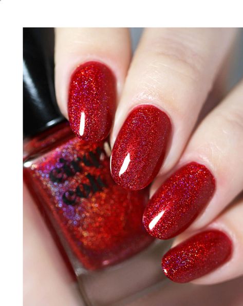 Dark Red Sparkly Nails, Red Sparkly Nails, Red Glitter Nail Polish, Sparkly Christmas Nails, Red Holographic, Classy Nail Art Ideas, Cirque Colors, Ulzzang Makeup, Cute Christmas Nails